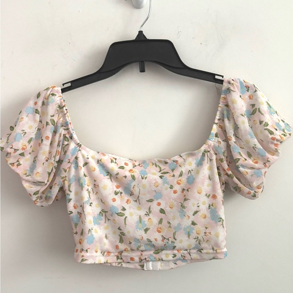 Y2K Milkmaid Sassy Crop Top Coquette Floral short sleeve peasant M beach resort - Picture 2 of 7